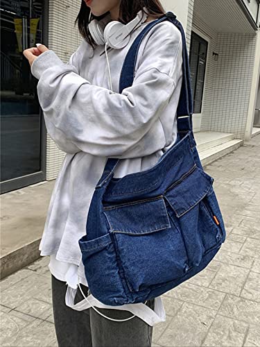 Nanwansu Denim Shoulder Bag Casual Style Canvas Bag Retro Travel Shopper Crossbody Handbag Hobo Tote Bag for Women Dark Blue