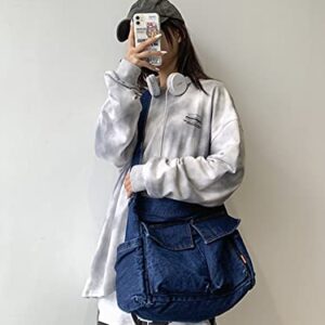 Nanwansu Denim Shoulder Bag Casual Style Canvas Bag Retro Travel Shopper Crossbody Handbag Hobo Tote Bag for Women Dark Blue