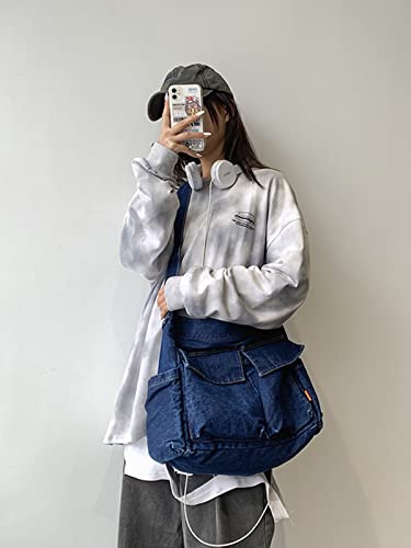 Nanwansu Denim Shoulder Bag Casual Style Canvas Bag Retro Travel Shopper Crossbody Handbag Hobo Tote Bag for Women Dark Blue