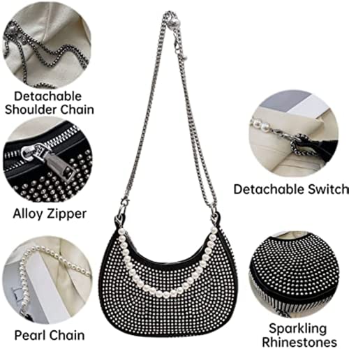 Pearl Purse for Women Sparkle Rhinestone Pearl Bag Evening Handbag Crossbody Bags Bling Shoulder Bags Tote Bag (Silver)