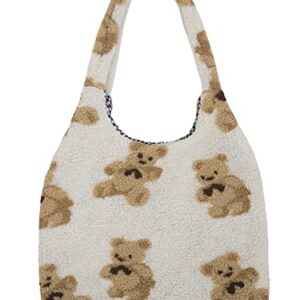 Nanwansu Women Canvas Tote Cute Bear Plush Shoulder Bag Girls Fluffy Tote Bag Furry Handbag Purse Large Faux Fur Shopping Dating Bag Beige