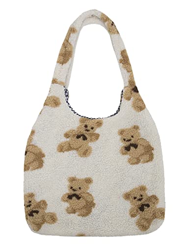 Nanwansu Women Canvas Tote Cute Bear Plush Shoulder Bag Girls Fluffy Tote Bag Furry Handbag Purse Large Faux Fur Shopping Dating Bag Beige