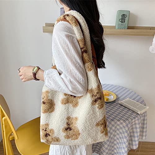 Nanwansu Women Canvas Tote Cute Bear Plush Shoulder Bag Girls Fluffy Tote Bag Furry Handbag Purse Large Faux Fur Shopping Dating Bag Beige