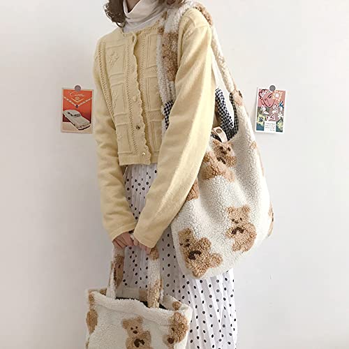 Nanwansu Women Canvas Tote Cute Bear Plush Shoulder Bag Girls Fluffy Tote Bag Furry Handbag Purse Large Faux Fur Shopping Dating Bag Beige