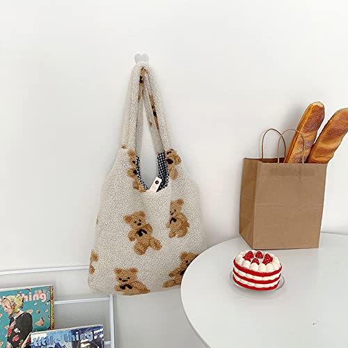 Nanwansu Women Canvas Tote Cute Bear Plush Shoulder Bag Girls Fluffy Tote Bag Furry Handbag Purse Large Faux Fur Shopping Dating Bag Beige