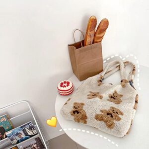 Nanwansu Women Canvas Tote Cute Bear Plush Shoulder Bag Girls Fluffy Tote Bag Furry Handbag Purse Large Faux Fur Shopping Dating Bag Beige