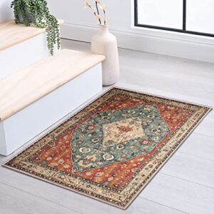 boho washable small area rug 2×3 non slip vintage persian kitchen bathroom sink rug oriental throw rugs for entryway doormat faux wool low-pile carpet for bathroom kitchen laundry room decor, red