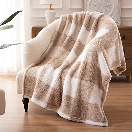 Bertte Fluffy Sherpa Throw Blanket Ultra Soft Warm Lightweight Plaid Shaggy Blanket for Couch Sofa Travel, Premium Reversible Decorative Blanket for All Seasons (Checker Beige, 60in x 80in)