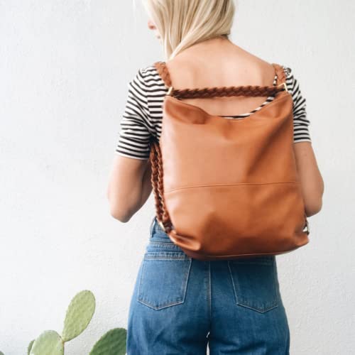 Humble Hilo Braided Vegan Leather Convertible Backpack/Tote Bag. Backpack & Tote Bag in One, Spacious Shoulder Bag. Cute & Functional. (Cognac)