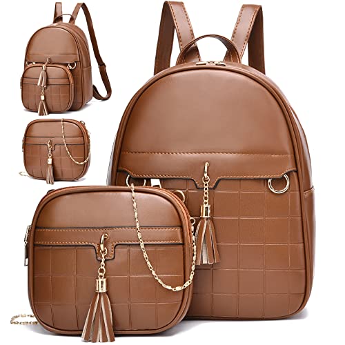 I IHAYNER Women Fashion Backpack Purses for Girls 2 PCS Multipurpose Design Handbags and Chain Shoulder Bag PU Leather Travel bag Brown