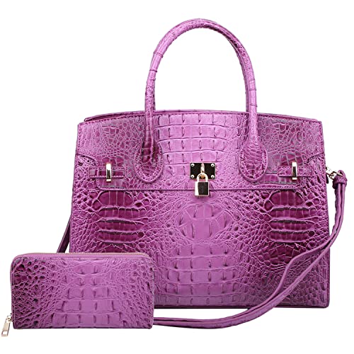 Purple Crocodile & Alligator Satchel and Wallet Set