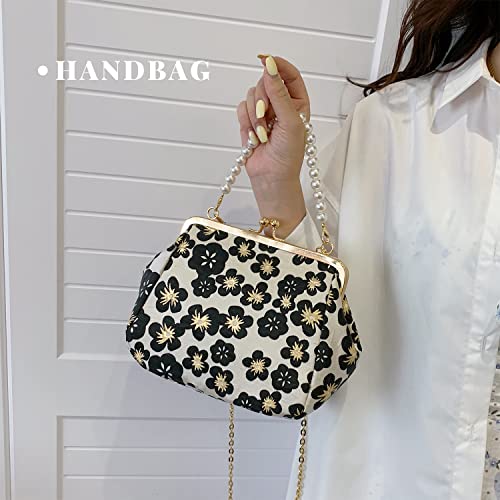 Oweisong Kiss Lock Shoulder Bag for Women Vintage Floral Top Handle Handbag Shell Satchel Purse Crossbody Tote