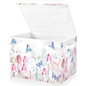 alaza storage bins with lids,pink tulip crocus flowers blue butterflies spring style fabric storage boxes baskets containers organizers with for toys,clothes and books