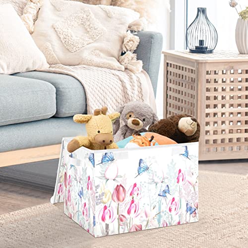 ALAZA Storage Bins with Lids,Pink Tulip Crocus Flowers Blue Butterflies Spring Style Fabric Storage Boxes Baskets Containers Organizers with for Toys,Clothes and Books