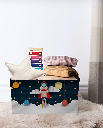 Storage Bins, Space Theme Cute Rocket Planet Pattern Storage Baskets for Organizing Closet Shelves Clothes Decorative Fabric Baskets Large Storage Cubes with Handles