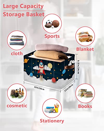 Storage Bins, Space Theme Cute Rocket Planet Pattern Storage Baskets for Organizing Closet Shelves Clothes Decorative Fabric Baskets Large Storage Cubes with Handles