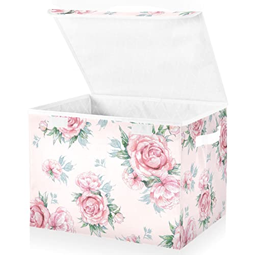 ALAZA Storage Bins with Lids,Bouquets Of Bright Peonies and Foliage Fabric Storage Boxes Baskets Containers Organizers with for Toys,Clothes and Books