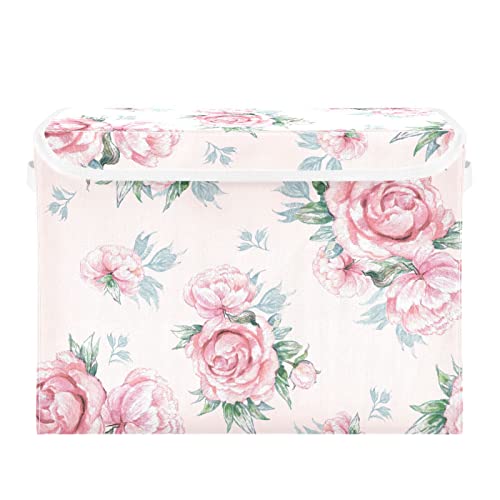 ALAZA Storage Bins with Lids,Bouquets Of Bright Peonies and Foliage Fabric Storage Boxes Baskets Containers Organizers with for Toys,Clothes and Books