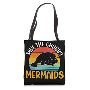 save the chubby sea cow mermaids manatee floaty potatoes tote bag