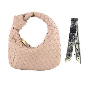 women kontted woven bag handbag hobo bag leather woven fashion designer ladies clutch purse dumpling shoulder bag for women (khaki)