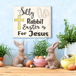 JennyGems Easter Decorations for the Home, Silly Rabbit Easter Is for Jesus Sign, Farmhouse Easter Decor, 7.25 x 6 Wooden Sign, Made in USA