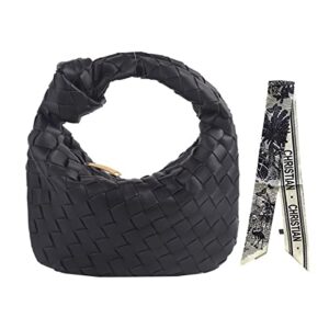 women kontted woven bag handbag hobo bag leather woven fashion designer ladies clutch purse dumpling shoulder bag for women (black)