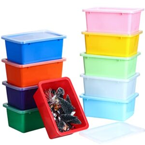 10 pack small storage bins with clear lids multipurpose colorful plastic cubby containers stackable storage toy bins for classroom, nursery, home organization, 11.4 x 7.5 x 4.9 inches, 10 colors