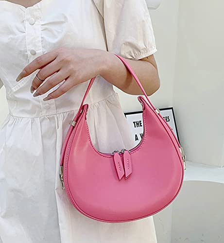 PU Leather Shoulder Bag for Women Girls Hobo Tote Handbag Top Handle Bag Purse Trendy Shiny Pinky Color Solid Lightweight