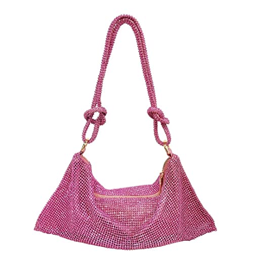 Women's Rhinestone Hobo Bag Chic Sparkly Rhinestone Clutch Purse Shiny Crystal Evening Handbag Pink