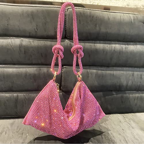 Women's Rhinestone Hobo Bag Chic Sparkly Rhinestone Clutch Purse Shiny Crystal Evening Handbag Pink