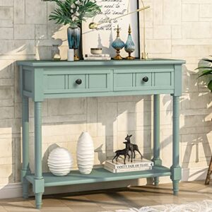 console table, solid wood entryway table buffet sideboard with 2 drawers & 1 display top shelf & 1 storage bottom shelf, rustic style sofa table for hallway bedroom living room, green