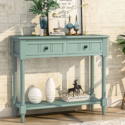 Console Table, Solid Wood Entryway Table Buffet Sideboard with 2 Drawers & 1 Display Top Shelf & 1 Storage Bottom Shelf, Rustic Style Sofa Table for Hallway Bedroom Living Room, Green