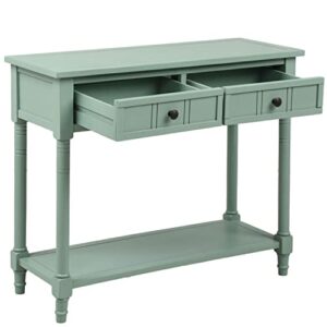 Console Table, Solid Wood Entryway Table Buffet Sideboard with 2 Drawers & 1 Display Top Shelf & 1 Storage Bottom Shelf, Rustic Style Sofa Table for Hallway Bedroom Living Room, Green