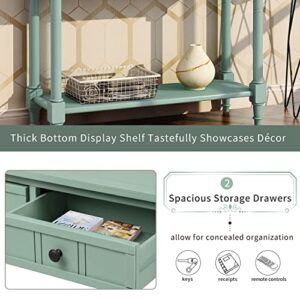 Console Table, Solid Wood Entryway Table Buffet Sideboard with 2 Drawers & 1 Display Top Shelf & 1 Storage Bottom Shelf, Rustic Style Sofa Table for Hallway Bedroom Living Room, Green