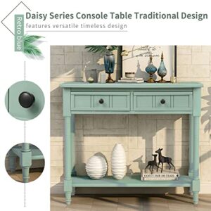 Console Table, Solid Wood Entryway Table Buffet Sideboard with 2 Drawers & 1 Display Top Shelf & 1 Storage Bottom Shelf, Rustic Style Sofa Table for Hallway Bedroom Living Room, Green