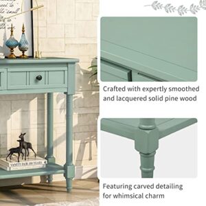 Console Table, Solid Wood Entryway Table Buffet Sideboard with 2 Drawers & 1 Display Top Shelf & 1 Storage Bottom Shelf, Rustic Style Sofa Table for Hallway Bedroom Living Room, Green