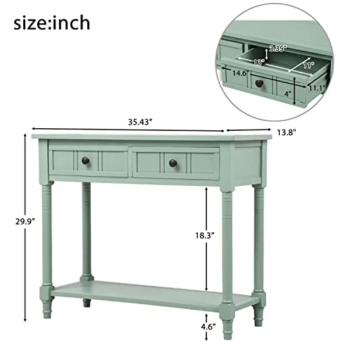 Console Table, Solid Wood Entryway Table Buffet Sideboard with 2 Drawers & 1 Display Top Shelf & 1 Storage Bottom Shelf, Rustic Style Sofa Table for Hallway Bedroom Living Room, Green