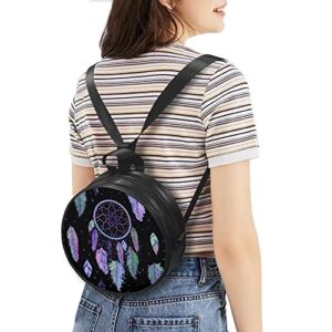 TOADDMOS Feather Dreamcatcher Mini Round Backpack Purse for Girls, Zip Leather Travel Backpack for Women Casual Daypacks.