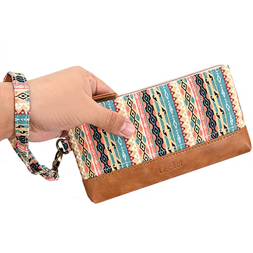 Lecxci Canvas Wristlets Bag Clutch Purses Wallet Slim Credit Card Holder Clutch with Removable Strap Cell Phone Wallet (Ethnic Style-3)