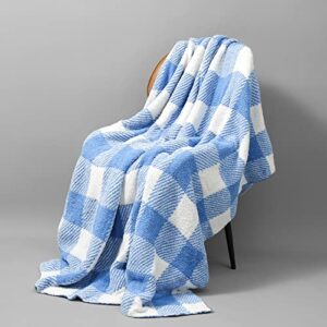 buffalo plaid throw blanket for couch sofa bed soft cozy fleece warm blue and white checker plaid pattern decorative lightweight fluffy microfiber checkered blankets for all seasons 50”x60”