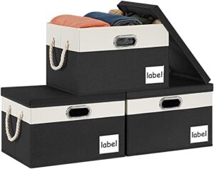 asxsonn large storage bins with lids, fabric storage bins with label & 3 handles, foldable storage boxes with lids, storage baskets with lids for organizing home office (15″x11″x9.6″, black&white, 3 pack)