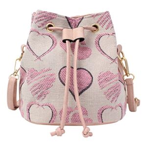 zlm bag us women girls faux leather drawstring bucket bag pink heart print hobo shoulder purse mini crossbody bag