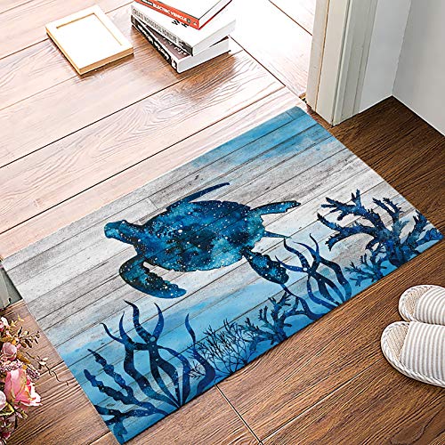 Door Mat for Bedroom Decor Beach Themed Coastal Blue Sea Turtle Nautical Map Ocean Starfish Seaweed Floor Mats Rugs for Living Room, Non-Slip Bathroom Rugs Home Decor Kitchen Mat Area Rug 18x30in