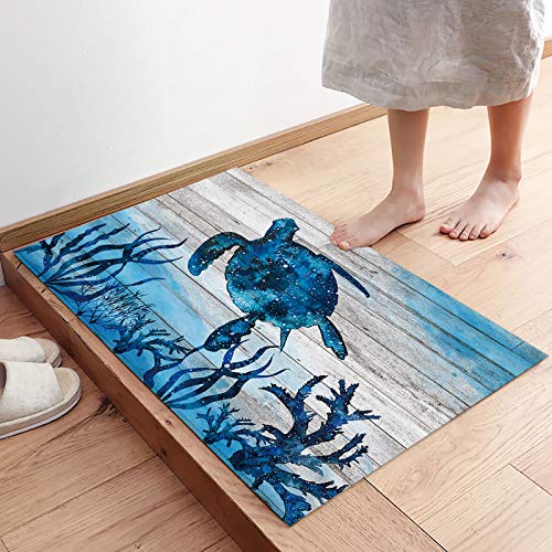 Door Mat for Bedroom Decor Beach Themed Coastal Blue Sea Turtle Nautical Map Ocean Starfish Seaweed Floor Mats Rugs for Living Room, Non-Slip Bathroom Rugs Home Decor Kitchen Mat Area Rug 18x30in