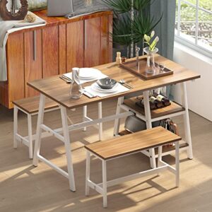 sogespower 3-piece dining table set, breakfast table with 2 benches, 4-person space-saving table set for kitchen dining room living room restaurant, 47″ oak
