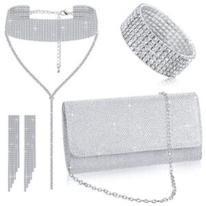 4 pcs rhinestone clutch purses jewelry for women, silver bride purse crystal statement necklace dangle earrings bracelet (chain style)
