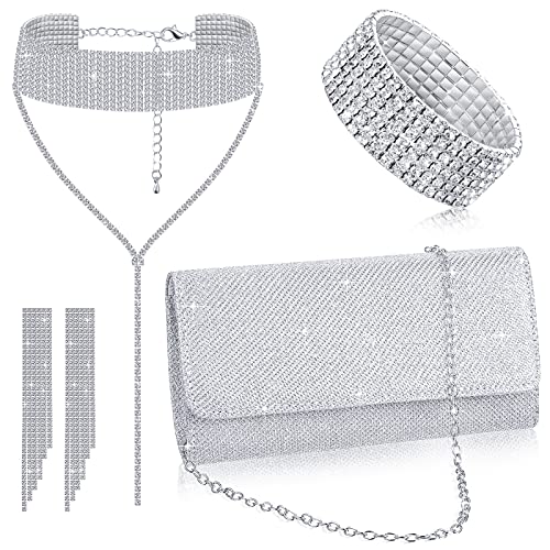 4 Pcs Rhinestone Clutch Purses Jewelry for Women, Silver Bride Purse Crystal Statement Necklace Dangle Earrings Bracelet (Chain Style)