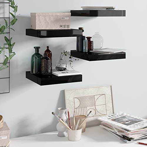 Wall Mounted Floating Shelves Wall Decor Storage Shelves Invisible Ledge Hanging Shelves Picture Frame Ledge Shelves 4 pcs High Gloss Black 9.1"x9.3"x1.5" MDF