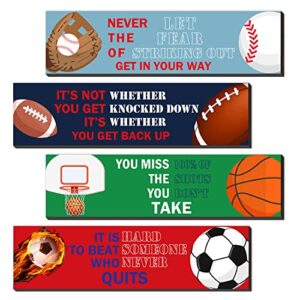 sport motivational quote wall art(pack of 4), basketball football baseball soccer sport hanging wall prints plaques, sport themed for boy’s bedroom playroom classroom living room decoration