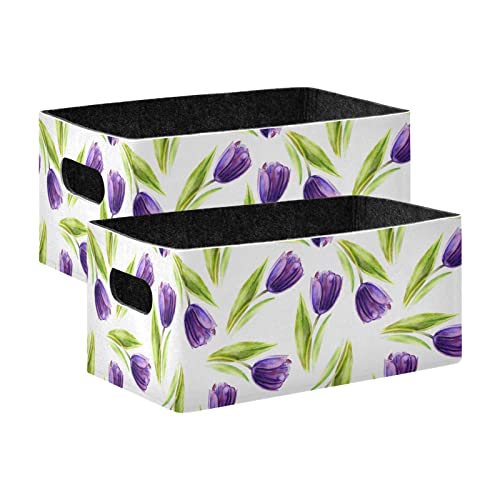 CaTaKu Purple Tulip Flower Collapsible Storage Bins 2 Pack Foldable Felt Storage Basket Organizer Boxes Containers with Handles for Cube Closet Shelves Clothes Towels